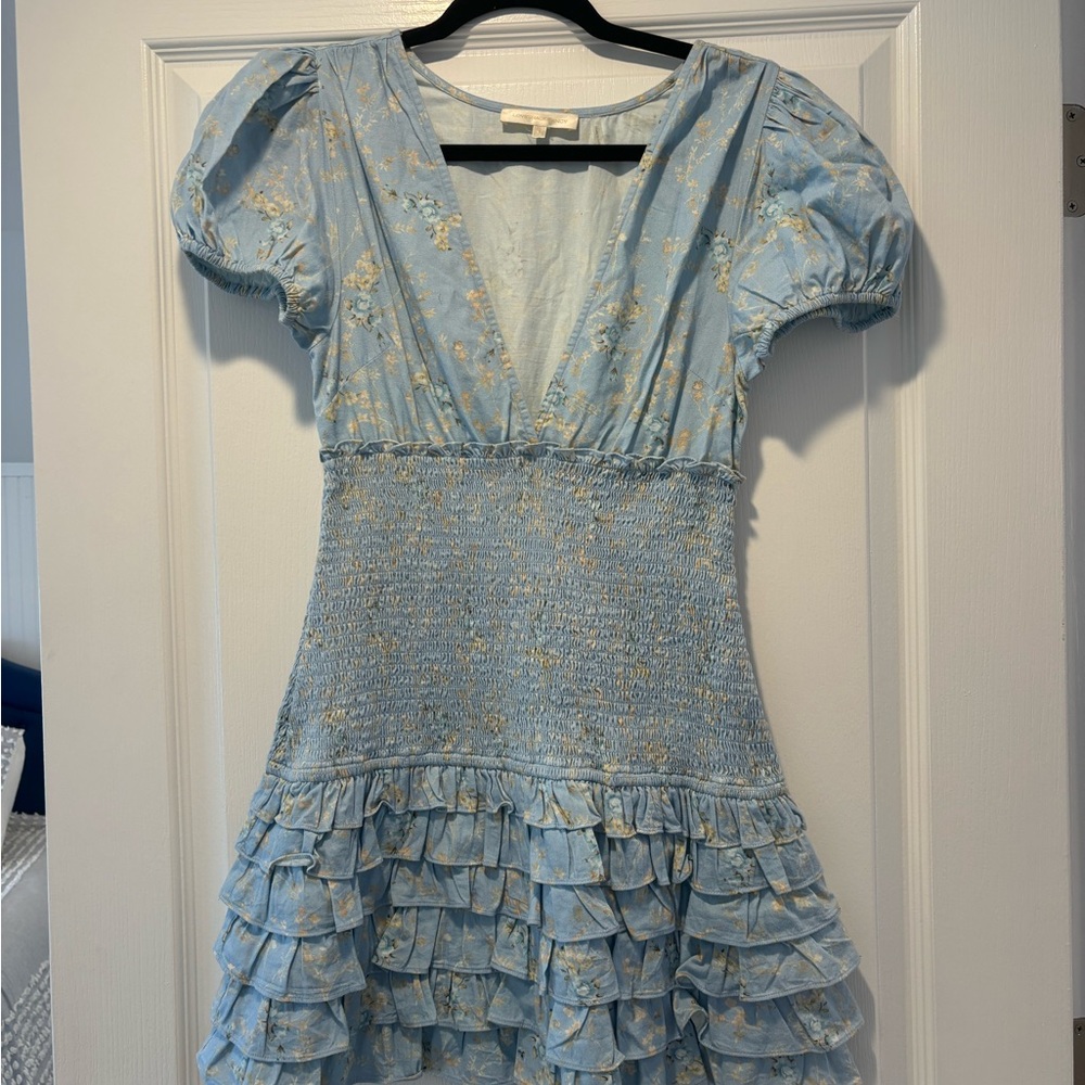 LoveShackFancy Light Blue Floral Ruffle Dress
